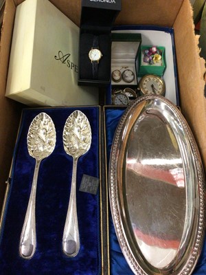 Lot 1017 - Pair of good quality silver plated berry spoons in fitted case, silver plated oval tray, various wristwatches and sundries