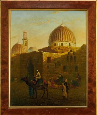 Lot 1174 - Paul H. Ellis (act. 1882-1908), oil on board - 'The Exterior of the Mausoleum of Sidi Muhammad, Cairo', signed, titled verso, 57cm x 46cm, framed