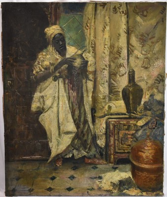 Lot 1252 - Orientalist School, oil on canvas - Figure in a Bazaar, 73cm x 60cm, unframed