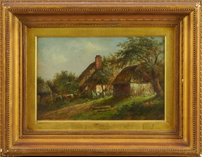 Lot 1214 - Joseph Thors (1835-1920) oil on board - Cottages at Wilford Nottingham, signed and inscribed, 22cm x 34cm, behind glass in gilt frame