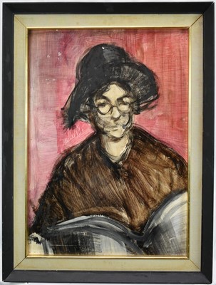 Lot 1353 - Manner of Frank Brangwyn (1867-1956) oil sketch on board - Portrait of a Lady, bearing label verso '...removed from the artists studio after his death...', 71cm x 50cm, framed