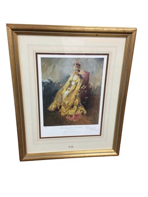 Lot 86 - After Terence Cuneo, fine signed limited edition print of H.M. Queen Elizabeth II seated on a throne at her Coronation, ( originaly an illustration for the Illustrated London News Coronation editio...