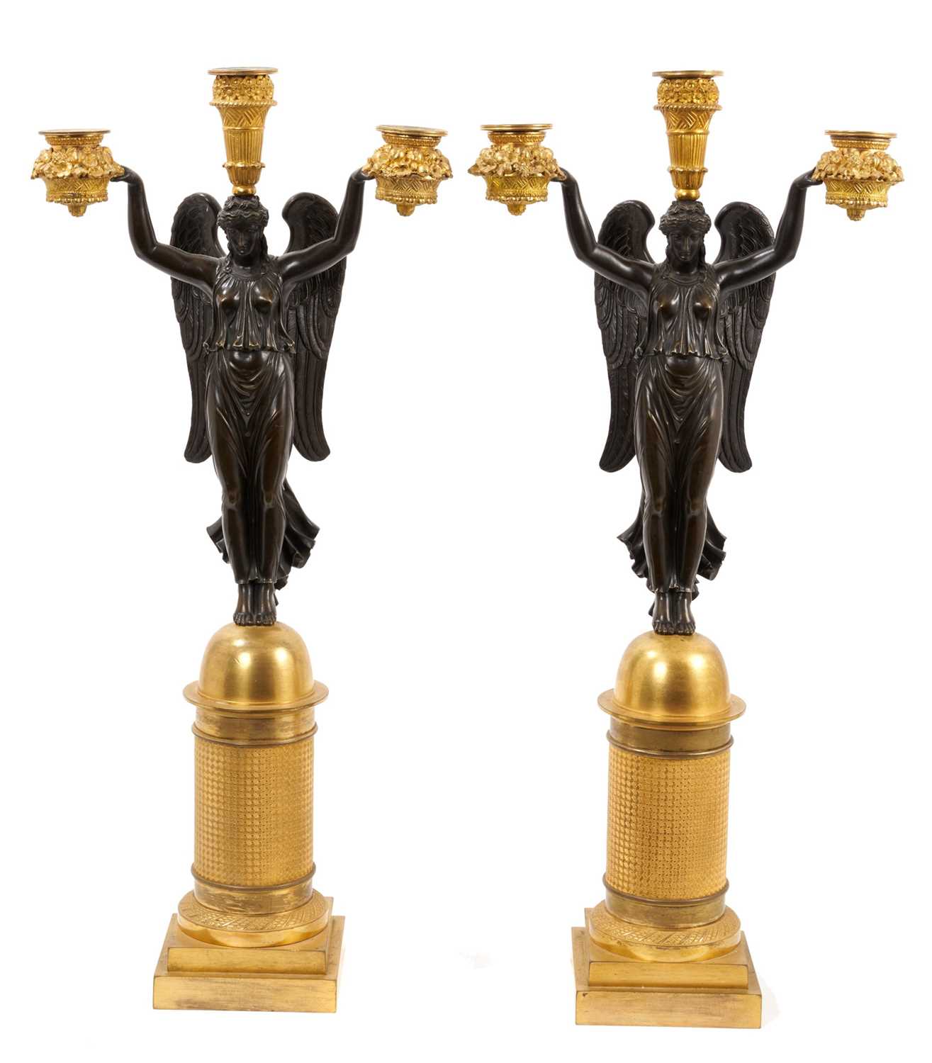 Lot 901 - Pair of fine quality early 19th century gilt bronze and patinated bronze figural candelabra