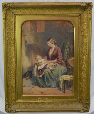 Lot 1105 - James Curnock (1812-1870) watercolour - Mother and Child in an Interior, signed, 51cm x 35cm, in period gilt frame