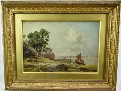 Lot 1272 - A. W. Hunt, mid 19th century, oil on canvas - Seacombe Ferry, 1846, inscribed verso, 22cm x 32cm, in glazed gilt frame