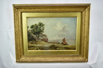 Lot 1272 - A. W. Hunt, mid 19th century, oil on canvas - Seacombe Ferry, 1846, inscribed verso, 22cm x 32cm, in glazed gilt frame