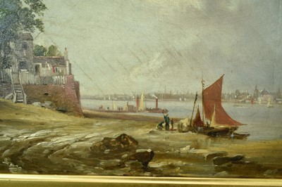 Lot 1272 - A. W. Hunt, mid 19th century, oil on canvas - Seacombe Ferry, 1846, inscribed verso, 22cm x 32cm, in glazed gilt frame