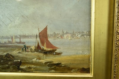 Lot 1272 - A. W. Hunt, mid 19th century, oil on canvas - Seacombe Ferry, 1846, inscribed verso, 22cm x 32cm, in glazed gilt frame