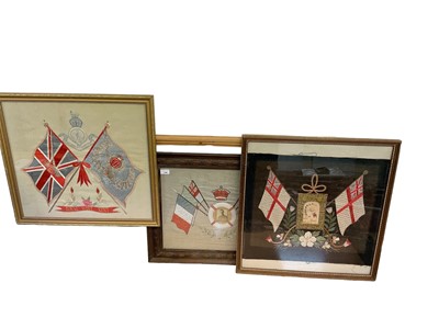 Lot 796 - Finely embroidered early 20th Royal West Kent Regiment silk picture, mounted in glazed frame, together with another two similar silk pictures (3)