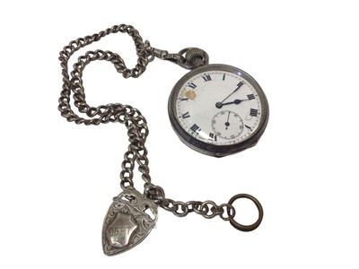 Lot 61 - Silver pocket watch on a silver chain with fob