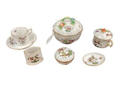 Lot 1185 - Seven pieces of Herend porcelain Rothschild Bird pattern to include cup and saucer, lidded pot etc