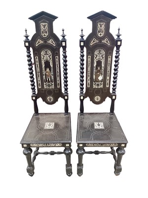 Lot 1549 - Good pair of 19th century bone inlaid ebonised Milanese hall chairs