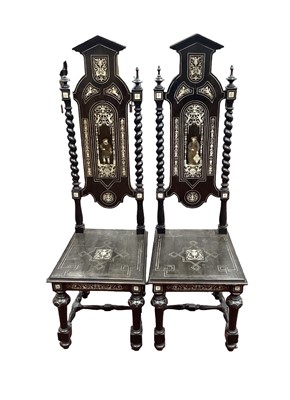 Lot 1550 - Good pair of 19th century ebonised and bone inlaid hall chairs