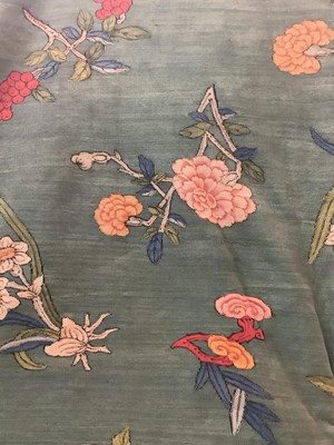 Lot 2180 - 19th century Chinese woman's blue woven silk robe. All over flowers, grapes and butterflies. Pink silk lining.