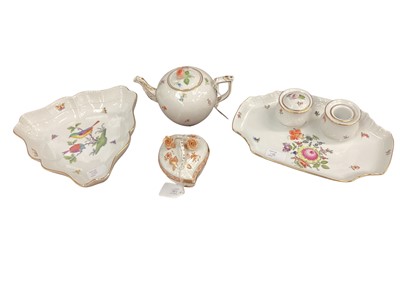 Lot 1188 - Four pieces of Herend porcelain with hand painted decoration including teapot, desk stand, triangular dish and lidded pot