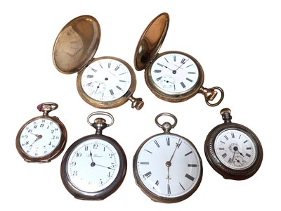 Lot 199 - Four antique and later silver cased fob watches and two gold plated full hunter fob watches (6)