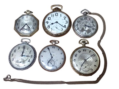 Lot 201 - Six Art Deco pocket watches including Elgin, Hamilton, Waltham and Nassau