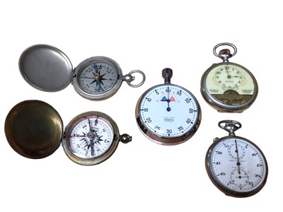 Lot 202 - Yacht-Timer Sportex stopwatch, one other stopwatch by John J. Kingsley, two pocket compass and a Jovis 8 days pocket watch (5)