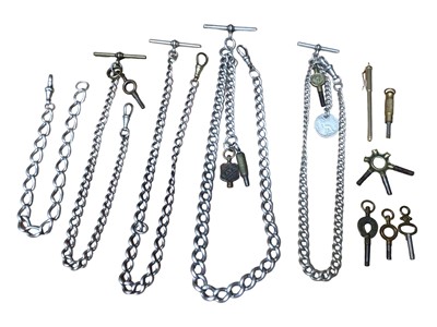 Lot 203 - Five silver watch chains with various winding key fobs