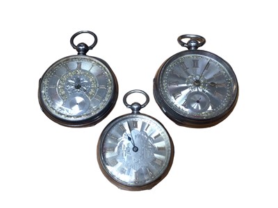 Lot 205 - Victorian silver pocket watch with silvered dial and gilt decoration, one other similar and a Continental silver pocket watch with silvered dial and engraved figure/house scene (3)