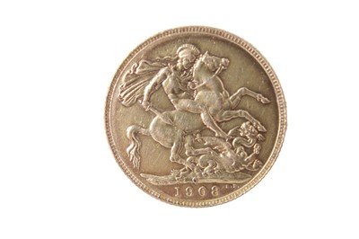 Lot 562 - Canada - Ottawa Mint Specimen Gold Sovereign Edward VII 1908c (N.B. Of the highest rarity - rating 6), this example, originally with satin finish, shows signs of wear, with light cleaning marks and...