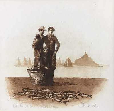 Lot 435 - John Miller, 20th century, sepia watercolour sketch, The Fisherfolk, signed and inscribed, 27cm square, in glazed frame