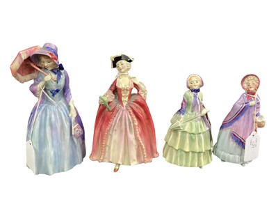 Lot 1189 - Four Royal Doulton figures - Camille HN1586, Miss Demure HN1440, Biddy HN1449 and The Little Mistress HN1469