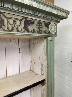 Lot 1133 - Antique painted open bookcase with carved and painted cornice and classical painted frieze, 183cm wide x 192cm high x 42cm deep