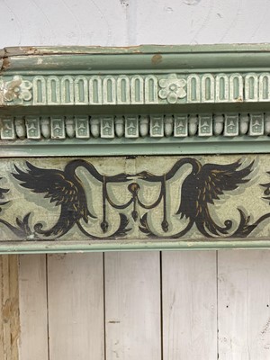 Lot 1133 - Antique painted open bookcase with carved and painted cornice and classical painted frieze, 183cm wide x 192cm high x 42cm deep
