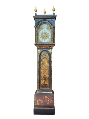 Lot 1083 - John Wilderspin of Cambridge 18th century brass arched top longcase clock in decorative chinoiserie case with painted figure and temple panels, approximately 245cm high