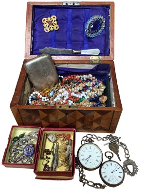 Lot 209 - Group of antique and vintage costume jewellery to include two silver pocket watches, silver cigarette case, silver and enamel regimental brooch, vintage earrings, bead necklaces and bijouterie in a...