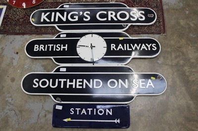 Lot 2537 - Reproduction British Railways enamel clock sign, together with King's Cross and Southend on Sea signs, 92cm wide (3)