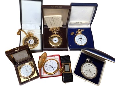 Lot 224 - Henry Berney Blondeau calendar pocket watch with mechanical button-wind movement, four other pocket watches and two travel clocks (7)