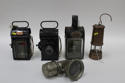 Lot 2550 - Pair of Somerset C.C. Steamroller side lights, a Lucas lamp, miners' lamp and one more (5)