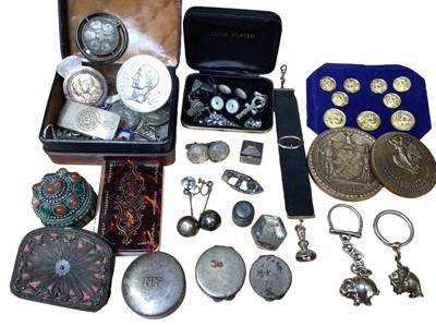 Lot 223 - Victorian gilt metal seal fob, various silver and white metal trinket pots/ pill boxes, silver pig and elephant key ring, cufflinks, medallions and other items