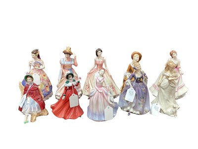 Lot 1201 - Ten Royal Doulton figures - Sally HN2741, Rosemary HN3691, Morning Walk HN3860, Nicola HN2839, Yours Forever HN3354, Heather HN4917, Sandra HN2275, Barbara HN4862, Winter's Day HN4589 and Sharon HN...