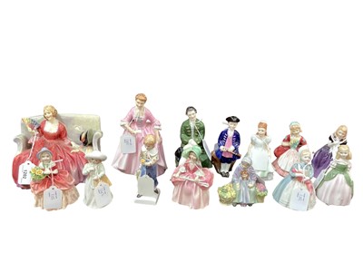 Lot 1202 - Fourteen Royal Doulton figures - Sweet & Twenty HN1298, A Hostess of Williamsburg HN2209, A Gentleman from Williamsburg HN2227, Boy from Williamsburg HN2183, Cissie HN1809, Kerry HN3036, The Rag Do...