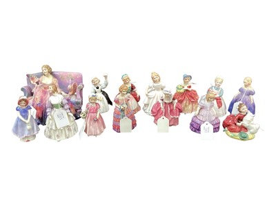 Lot 1203 - Fourteen Royal Doulton figures - Sweet & Twenty HN1569, Tinkle Bell, The Little Bridesmaid, Goody Two Shoes HN2037, Home Again HN2167, Mother's Help HN2151, Amanda HN2996, Rose HN2123, Valerie HN21...