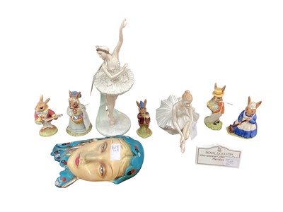 Lot 1205 - Royal Worcester limited edition figure - Reflection, Coalport limited edition figure - Dame Margot Fonteyn, together with five Royal Doulton Bunnykins figures, Doulton Collectors Club plaque and a...