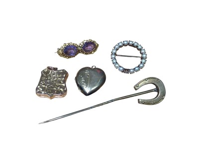 Lot 236 - Victorian yellow metal locket, one other 9ct gold back and front locket, amethyst brooch, pearl brooch and a horse shoe stick pin
