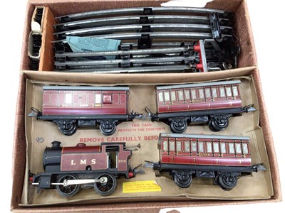 Lot 1933 - Hornby O gauge Tank Passenger Train Set, boxed No.101, plus 0-6-0 red lined black tank locomotive, No.50, boxed, wagons, platform and track