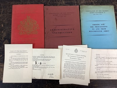Lot 106 - The Coronation of H.M.Queen Elizabeth II 1953, scarce official ephemera comprising Guests Order of Service in gilt tooled red board binding, Orders for the processions to and from Westminster Abbey...