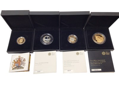 Lot 582 - G.B. - Royal Mint mixed silver proof coinage to include gold plates £5 'Death of Queen Anne' commemorative 2014, £2 Piedfort 'The Great Fire of London' 2016, 50p Team GB Olympics 2016, £1 proofs 'H...