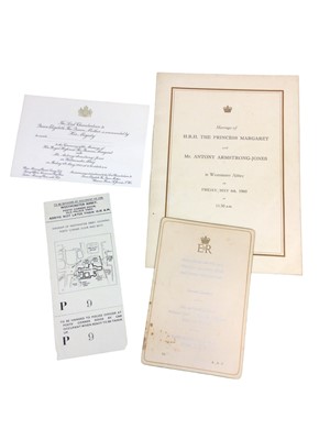 Lot 108 - The Marriage of H.R.H. The Princess Margaret with Antony Armstrong-Jones May 1960, Order of service, invitation ,security pass and wedding Breakfast menu (4)