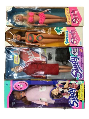 Lot 1941 - Various Sindy models including Virgin Cabin Crew 2002, Monte Carlo 1993, 1990s Greek edition 187626, Weetabix 1991, Paradise 1994, Soft Sindy 1996, Imani 1994, Millenium 2000, all boxed (8)