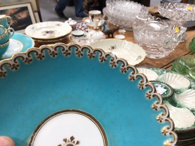 Lot 16 - Assorted turquoise glazed plates and saucers, two cake stands and a selection of French plates with the initial L (30 pieces)