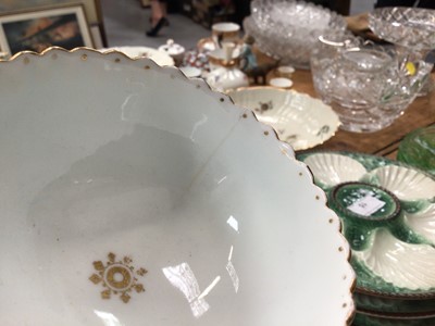 Lot 16 - Assorted turquoise glazed plates and saucers, two cake stands and a selection of French plates with the initial L (30 pieces)
