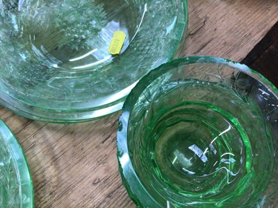 Lot 13 - Stylish early 20th century green glass service with cut and etched borders comprising six sundae bowls, pedestal bowl, pair of fruit bowls and six plates (15 pieces)