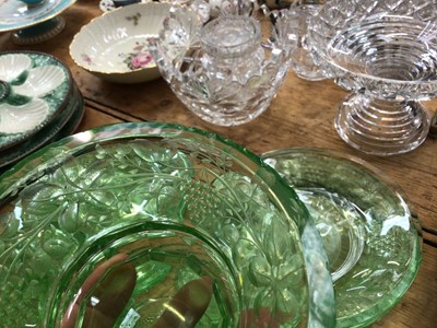 Lot 13 - Stylish early 20th century green glass service with cut and etched borders comprising six sundae bowls, pedestal bowl, pair of fruit bowls and six plates (15 pieces)