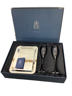 Lot 127 - H.M.Queen Elizabeth II, 2007 Royal Household Christmas present of a pair of champagne flutes and plated tray all with etched Royal ciphers in original fitted box with Royal cipher to lid and presen...